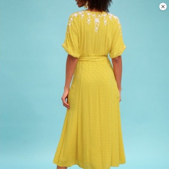 Free People Yellow & White Midi Dress Floral Embroidery - Size Med - Picture 9 of 13